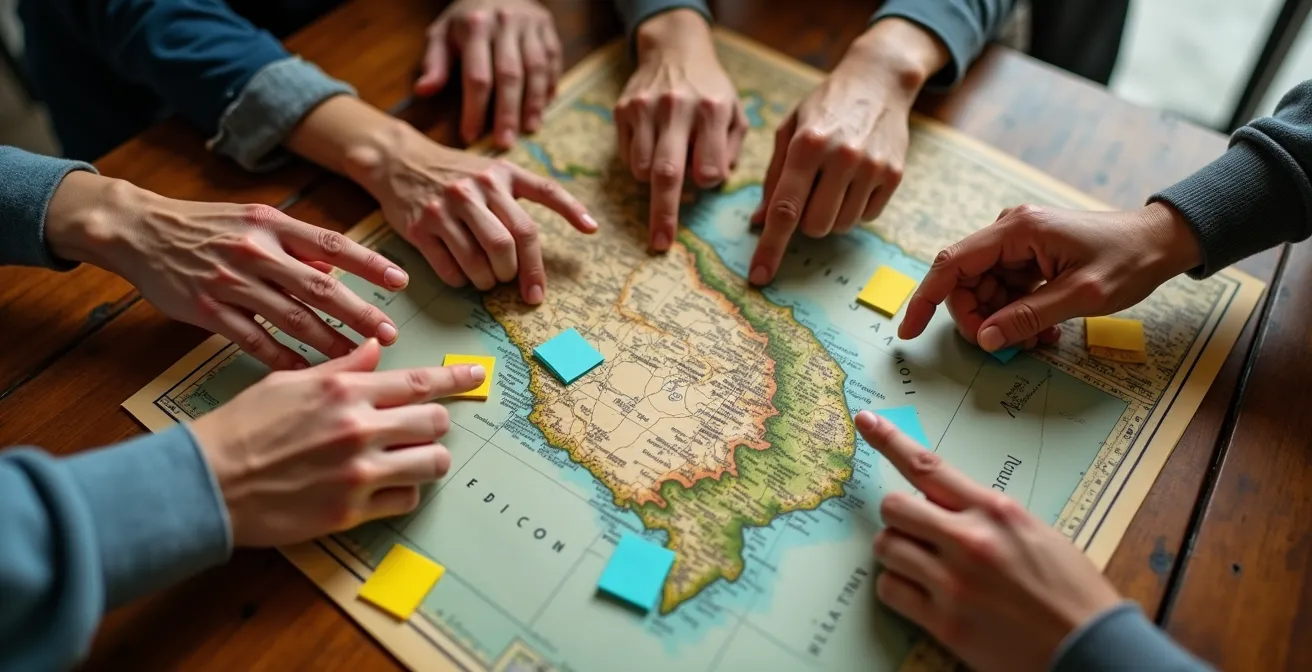 Mains de plusieurs personnes travaillant ensemble sur une carte du Vietnam avec notes colorées