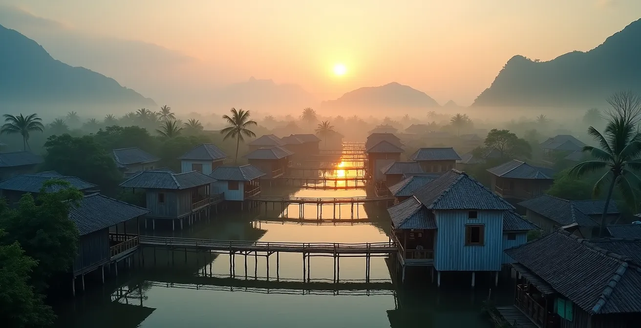 Vue aérienne d'un village vietnamien traditionnel avec maisons sur pilotis au bord de l'eau