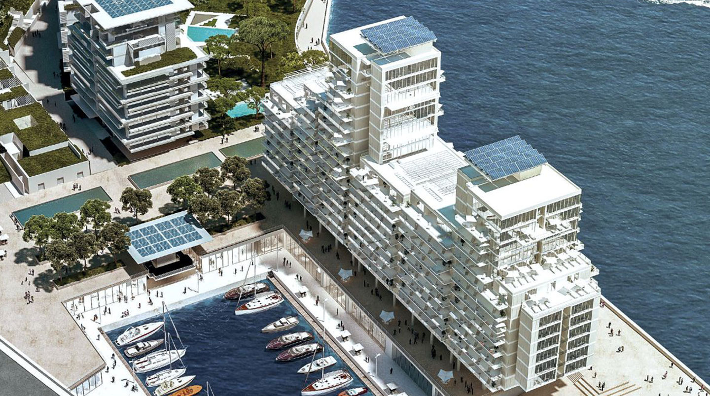 Vue aérienne du projet Mareterra à Monaco, extension territoriale moderne gagnée sur la Méditerranée