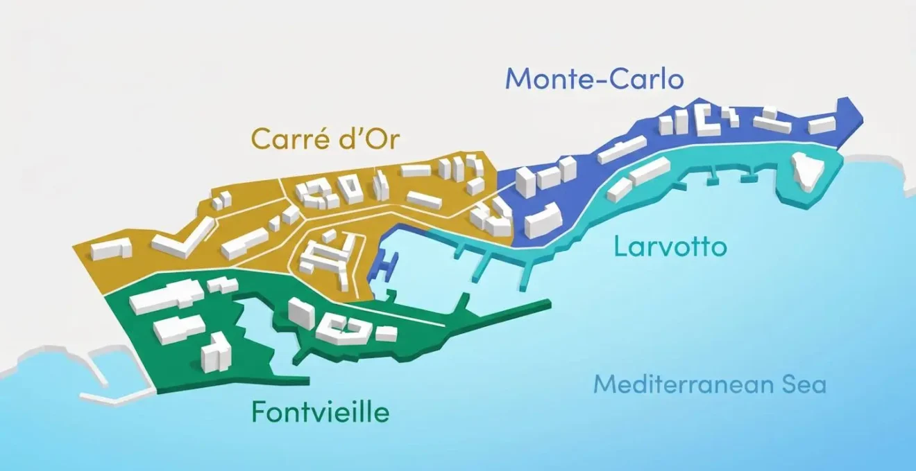 Carte isométrique 3D de Monaco illustrant les 4 quartiers premium d'investissement : Carré d'Or, Monte-Carlo, Larvotto et Fontvieille