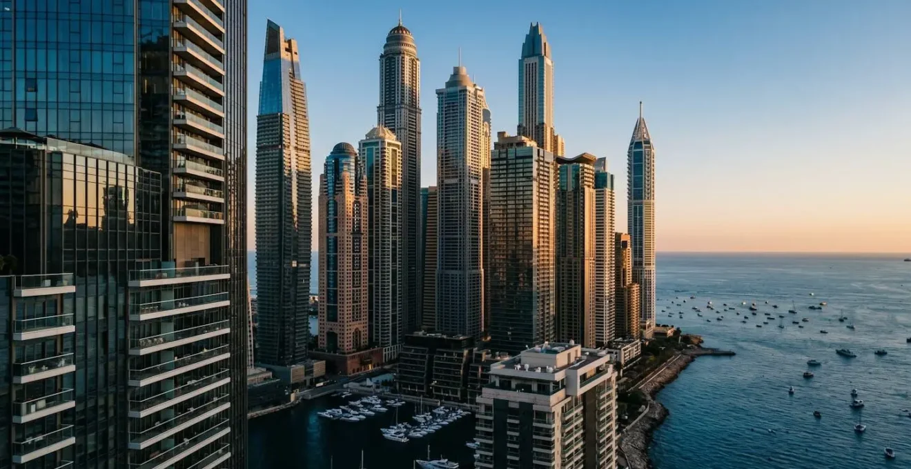 Vue en contre-plongée des tours résidentielles de Monte-Carlo dominant la Méditerranée au coucher du soleil, illustrant la densité immobilière extrême de Monaco